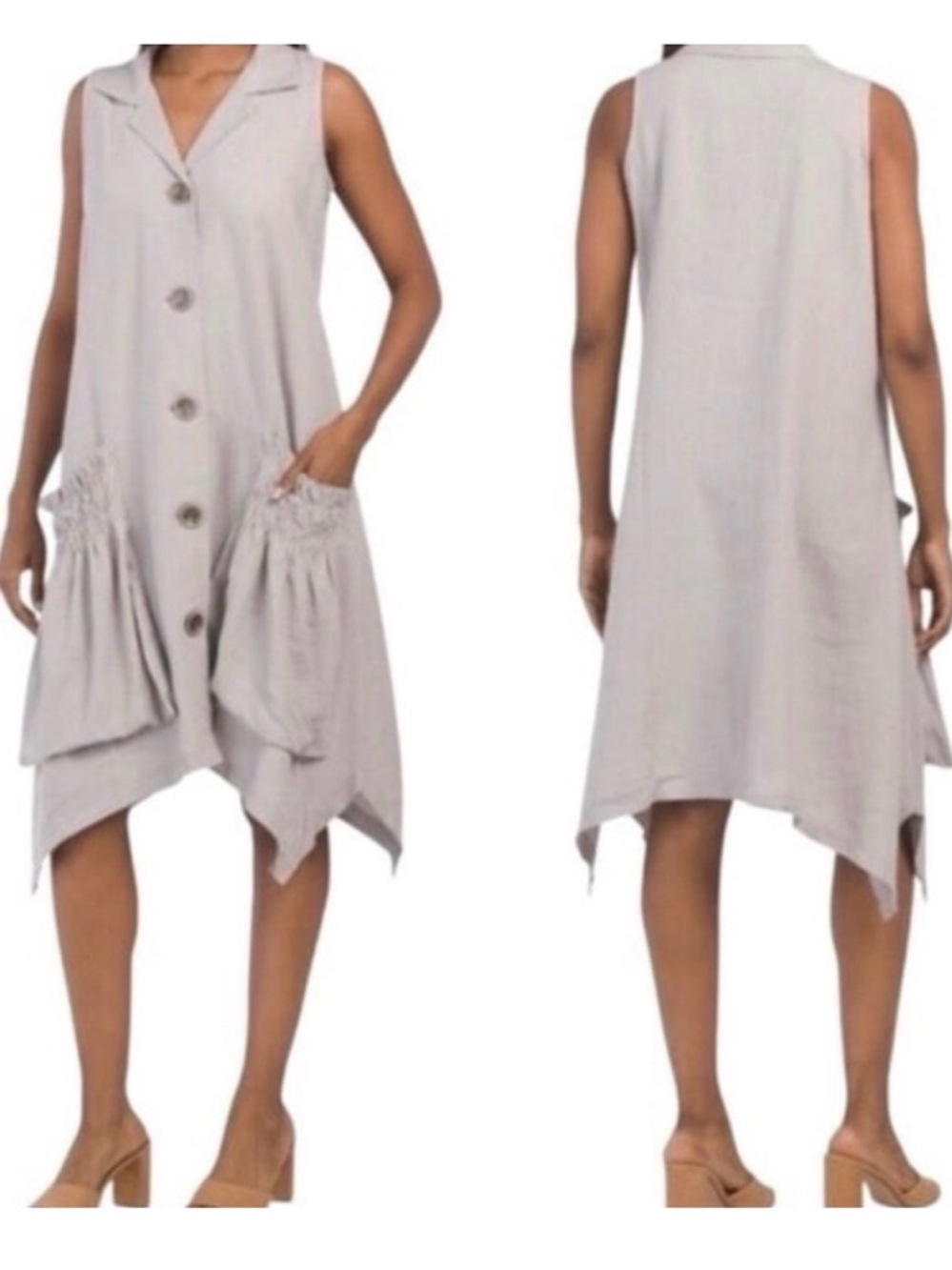 ForCynthia Linen Blend Shirt Dress Asymmetrical Hem Button Up Lagenlook XS - Picture 2 of 5